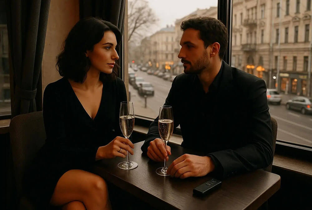 закохана пара в ресторані з пультом від секрету