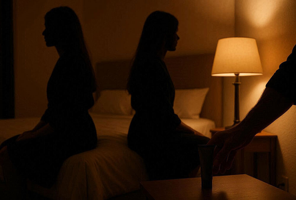 дві жінки у схожих халатах на ліжку, на тумбі змазка, інтимна атмосфера