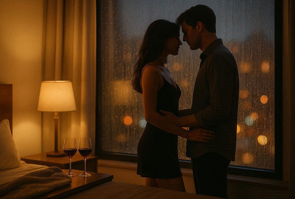Романтична інтимна сцена без відвертості: вечір, теплий дощ за великим вікном із краплями
