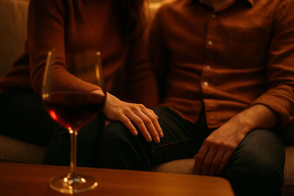 закохана пара сидять на дивані за келихом вина
