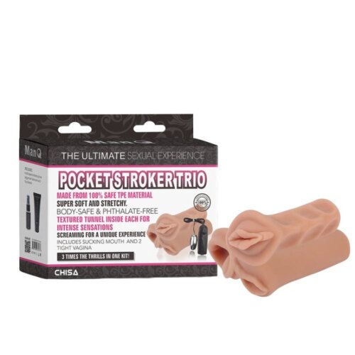 Набір мастурбаторів реалістиків Chisa Man Q Pocket Stroker Trio, з віброкулею, бежевий